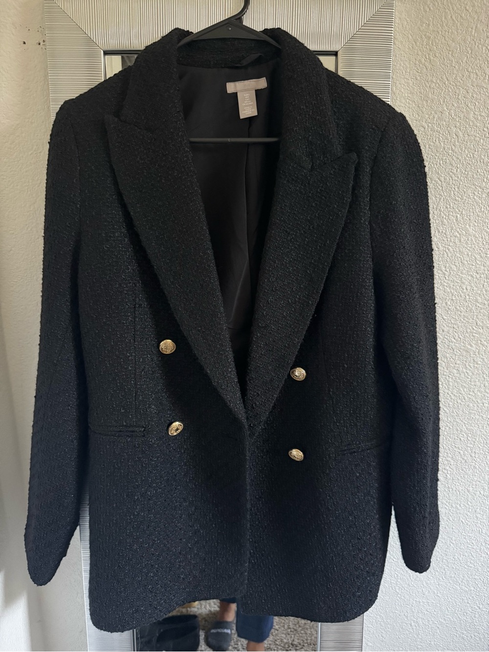 H&M Black Double-Breasted Bouclé Blazer with Gold Buttons